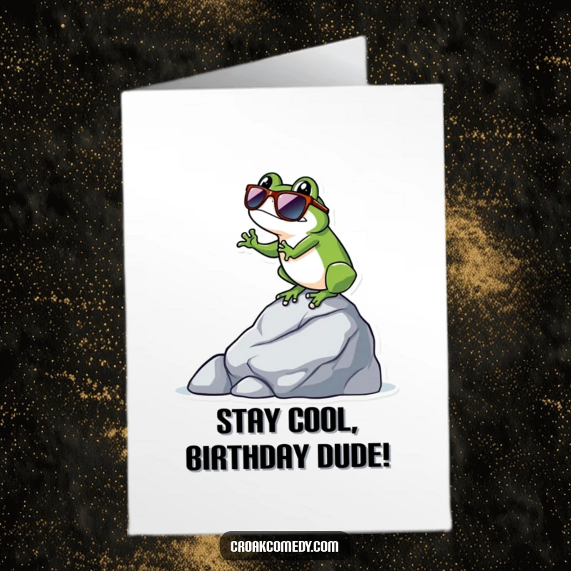 Funny Free Printable Birthday Card: A frog wearing cool sunglasses, balancing effortlessly on a textured rock.
