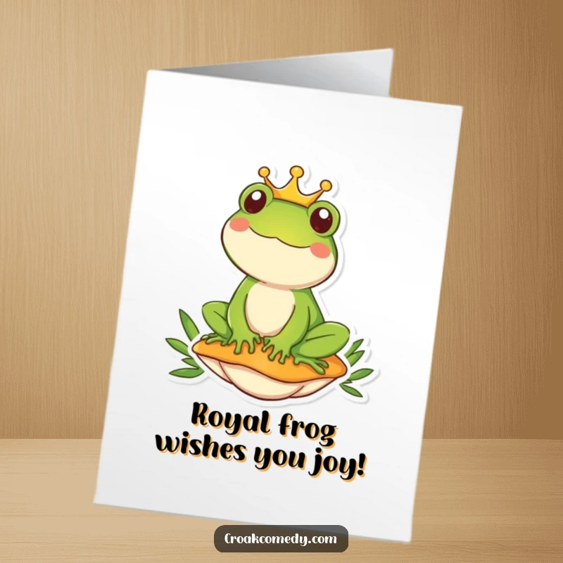 Funny Free Printable Birthday Card: Regal frog king with crown on mushroom, ready to celebrate a birthday with humor.
