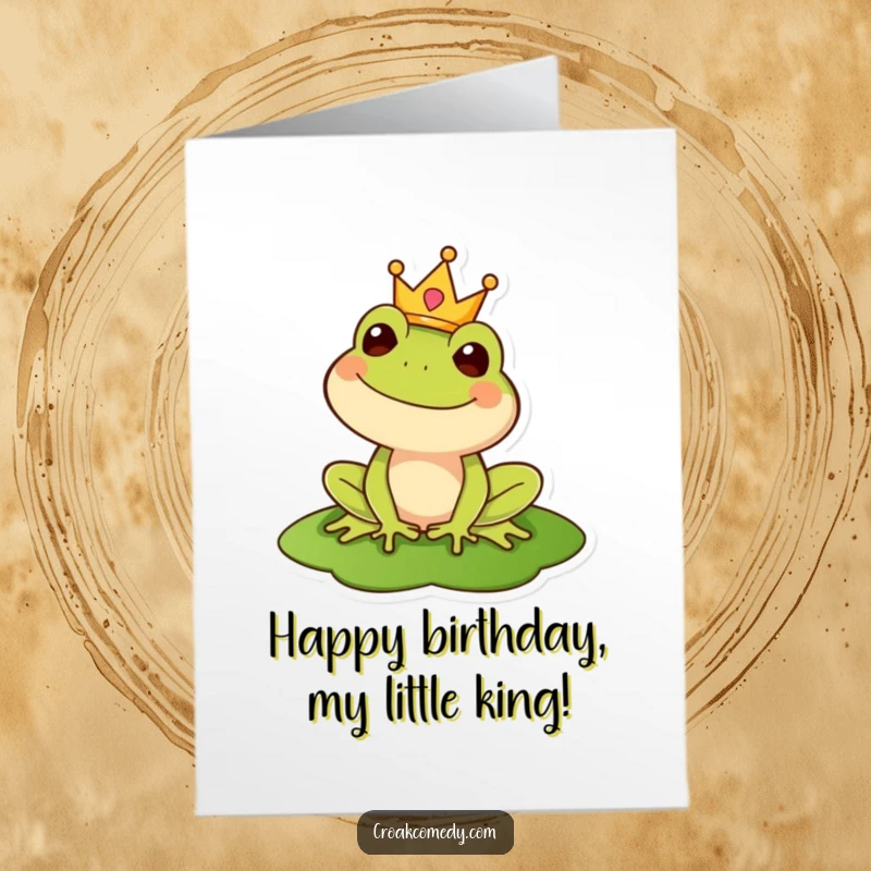 Funny Free Printable Birthday Card: Happy frog king in a crown sits on a lily pad, wishing a grand birthday.