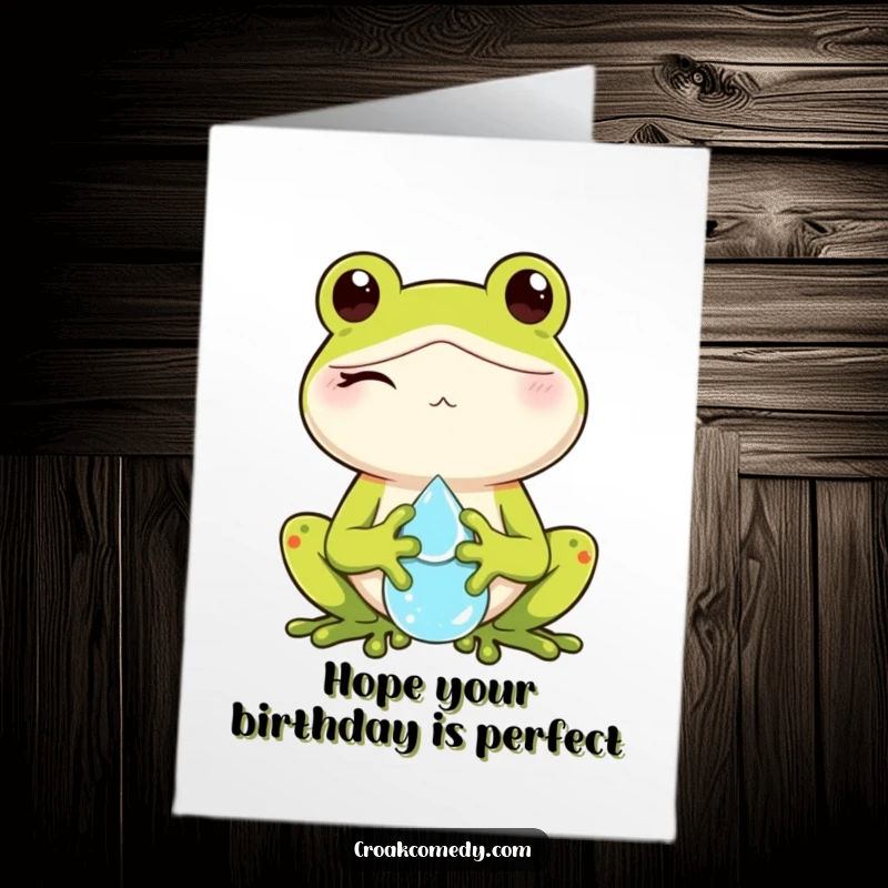 Funny Free Printable Birthday Card: Winking frog holds a sparkling dewdrop, wishing a fantastic birthday.