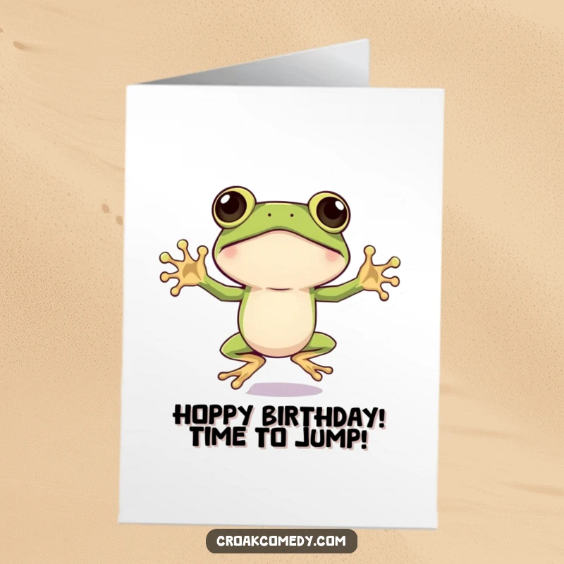 Funny Free Printable Birthday Card: A frog with big eyes energetically does a jumping jack, a downloadable gift for a lively celebration.