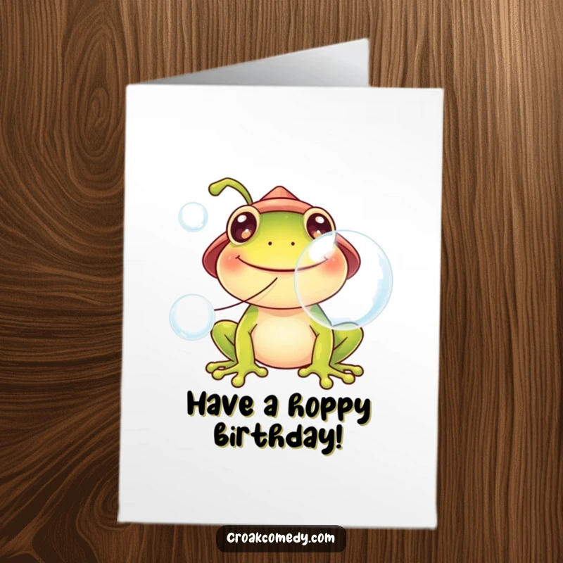 Funny free printable birthday card of a smiling frog wearing a tiny hat blowing large bubbles.