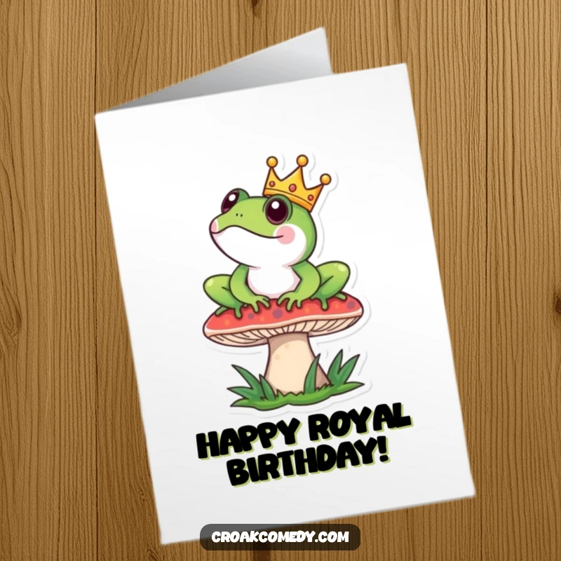 Funny Free Printable Birthday Card: A frog wearing a tiny crown sits regally upon a mushroom, presiding over the celebration.