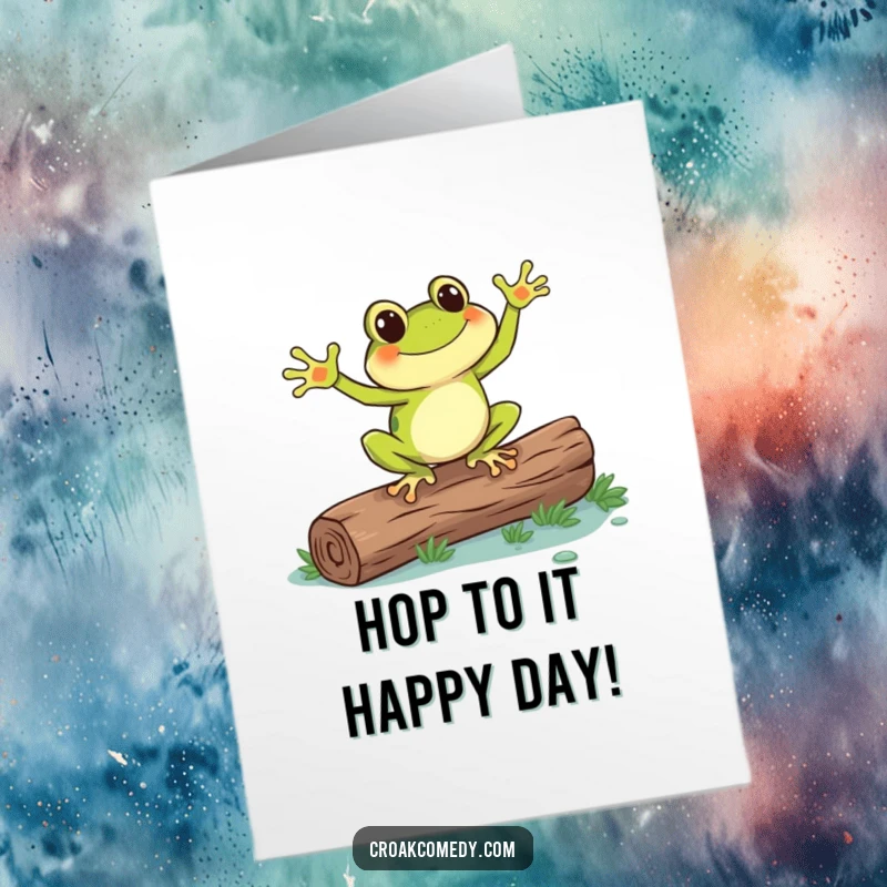Funny Free Printable Birthday Card: A web-footed frog joyfully dances on a log, spreading cheer.