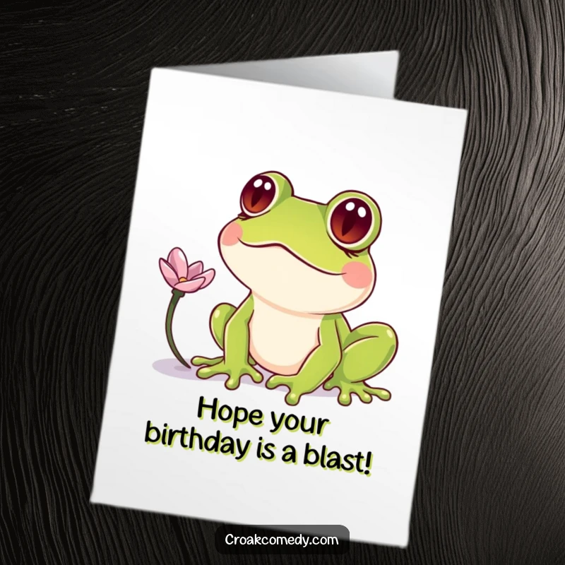 Funny Free Printable Birthday Card showing a frog with crossed eyes intently watching a single floating flower petal.