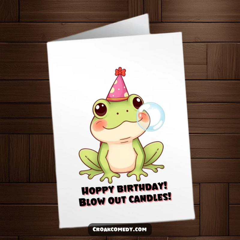Funny free printable birthday card featuring a cheerful frog in a party hat blowing a giant bubble, ready for celebration.