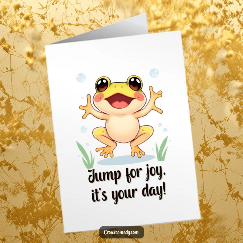 Funny free printable birthday card: an ecstatic frog leaping with glee between sparkling dewdrops, celebrating joyfully.