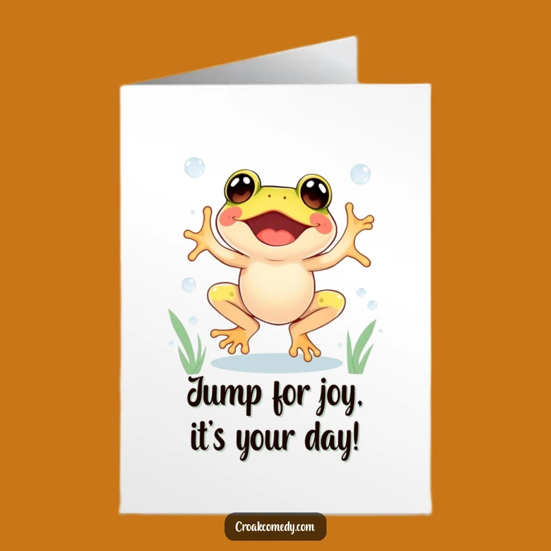 Joyful Free Printable Birthday Card: Excited Frog Dewdrop Jump Downloadable Gift