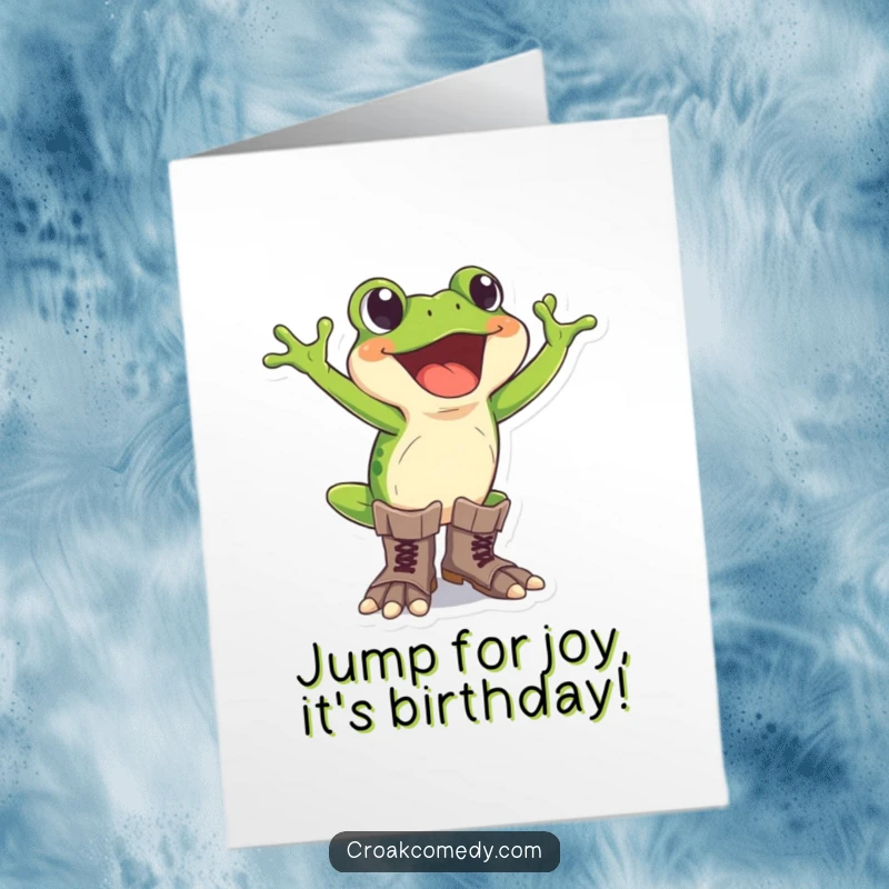 Funny Free Printable Birthday Card: Excited frog wearing oversized boots, ready to jump for joy.