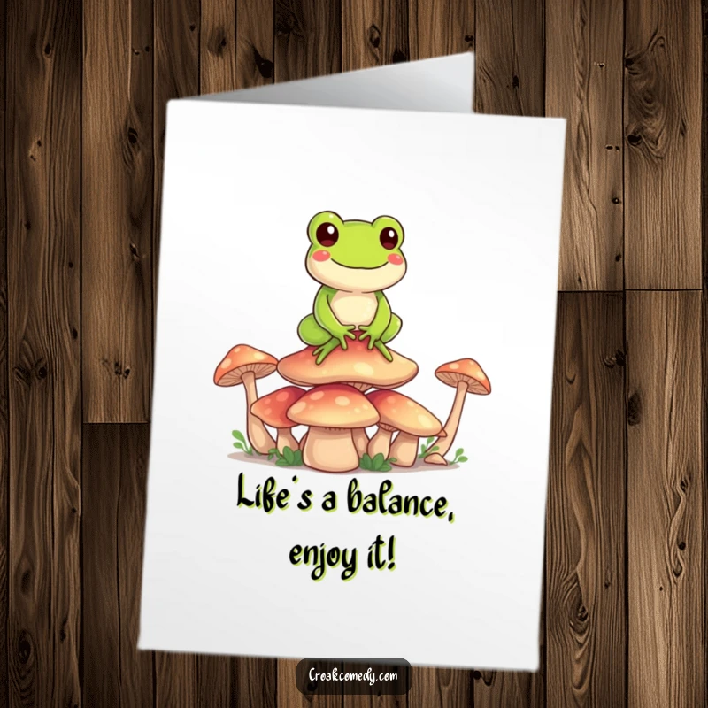 Funny Free Printable Birthday Card: A cheerful frog balanced precariously atop a stack of colorful mushrooms, celebrating joyfully.
