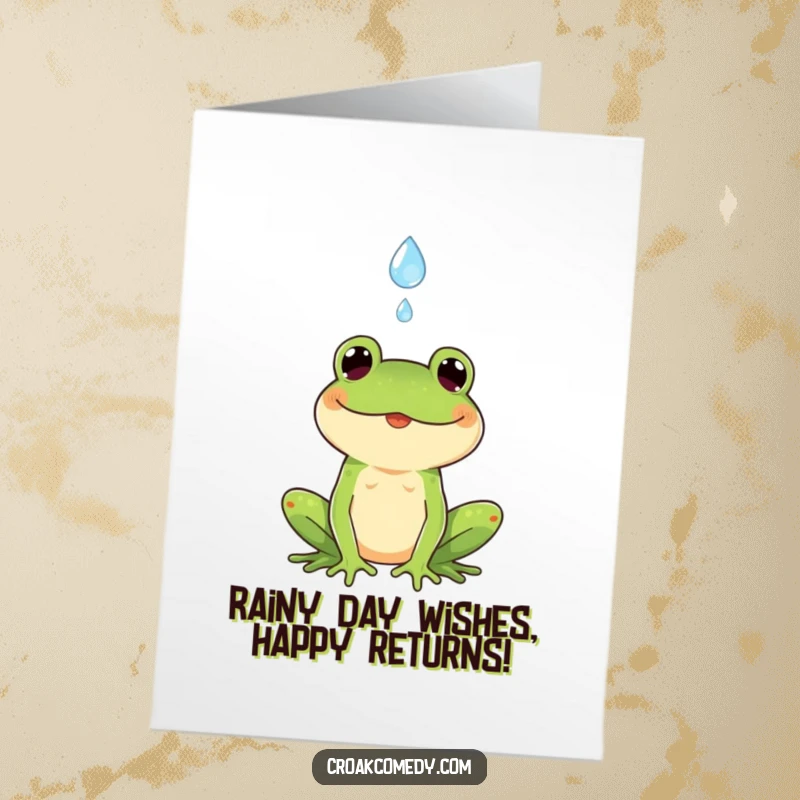 Funny Free Printable Birthday Card: A happy frog with a smile catches a single falling raindrop.
