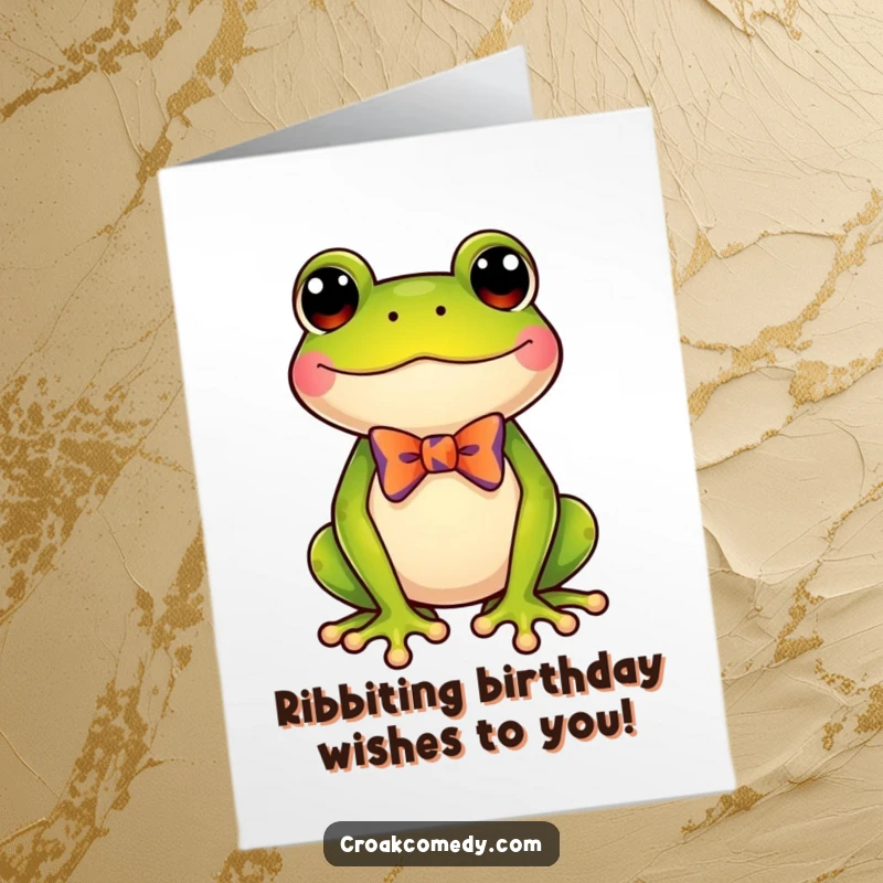 Funny Free Printable Birthday Card: Delighted frog in a colorful bow tie, ready to celebrate with style and humor.