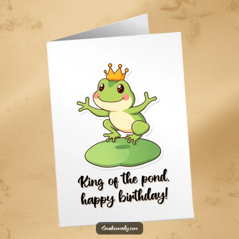 Free Printable Birthday Card of a happy frog in a tiny crown leaping onto a lily pad, celebrating like royalty.