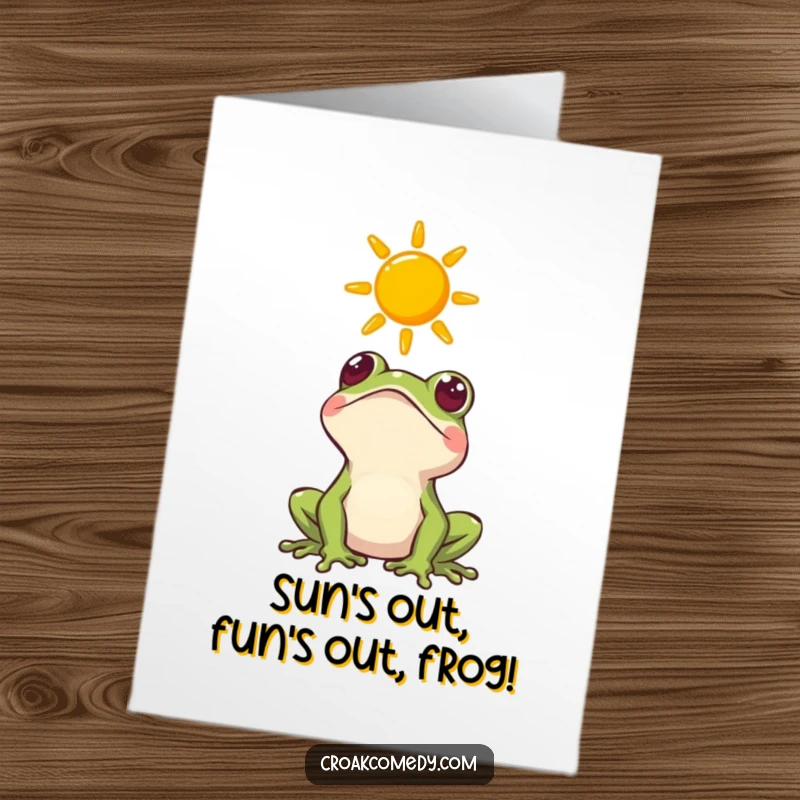 Funny Free Printable Birthday Card: A curious green frog looks up at a sunny icon, ready to celebrate a special day.