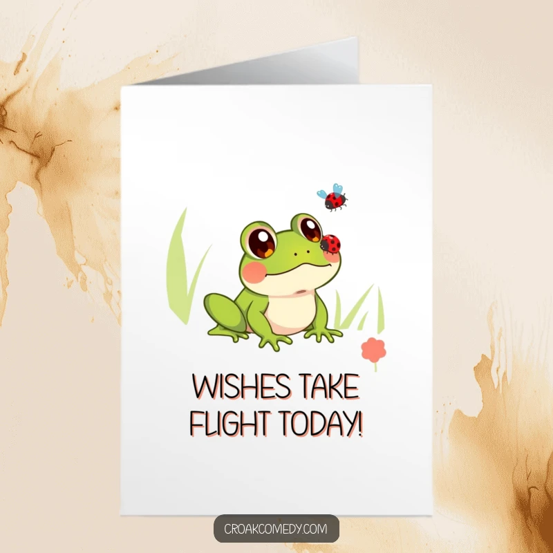 Funny Free Printable Birthday Card: A frog with wide, innocent eyes gazes up as a ladybug flies away.