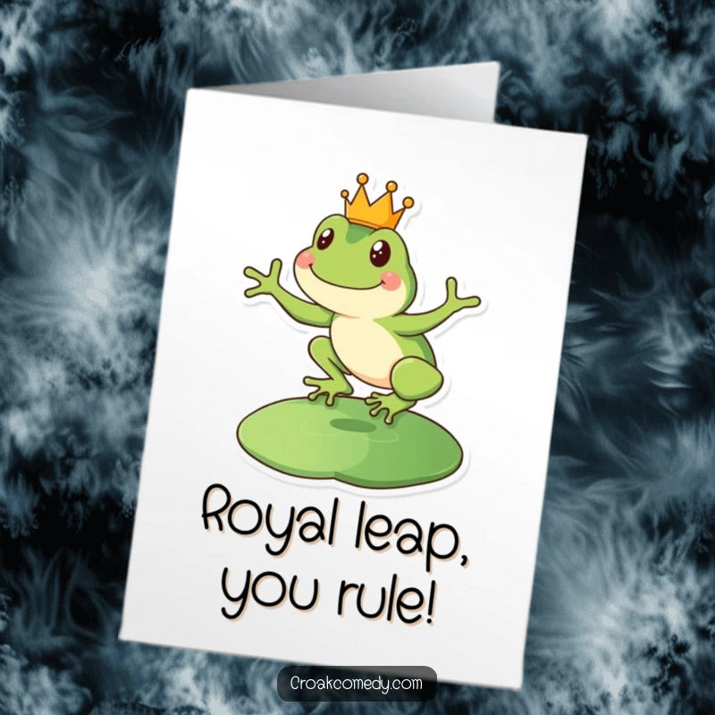 Free Printable Congratulations Card featuring a frog wearing a crown, joyfully leaping onto a lily pad.