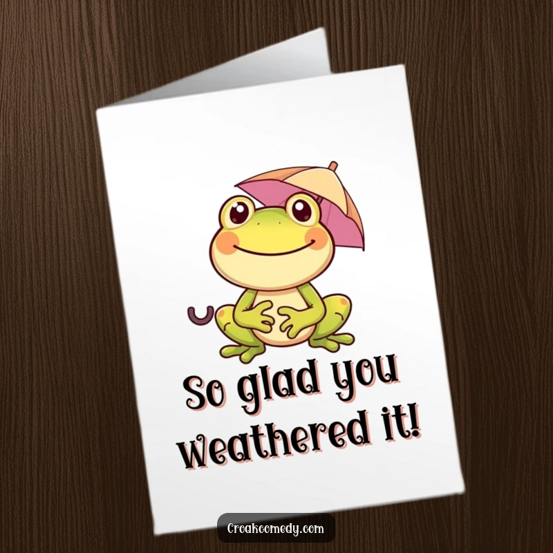 Funny Free Printable Congratulations Card: A cheerful frog holding a tiny umbrella, smiling broadly to share good news.