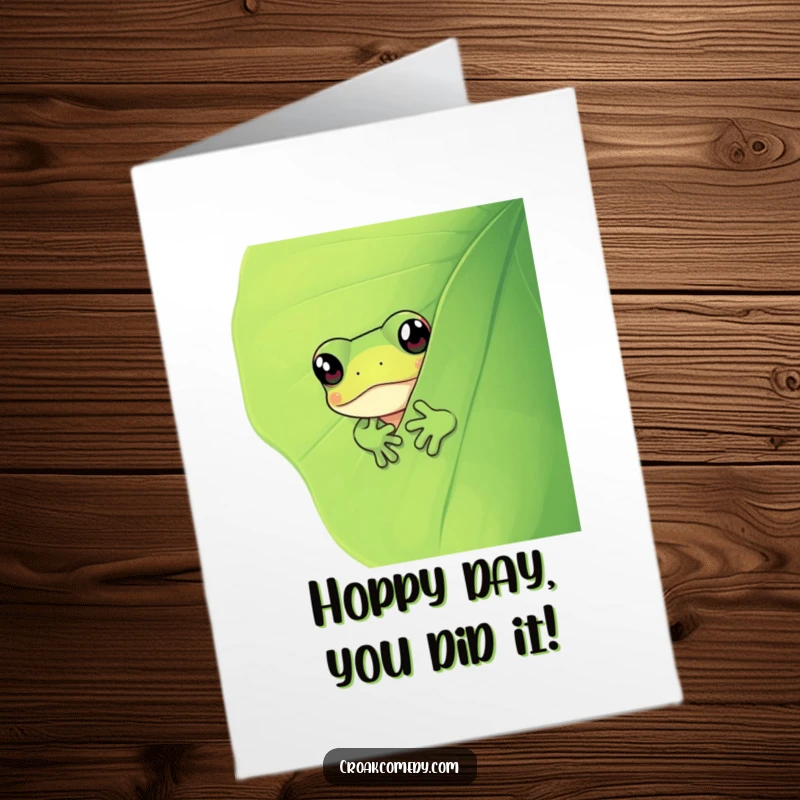 Funny Free Printable Congrats Card: Curious frog playfully peeking from behind a large, vibrant green leaf.