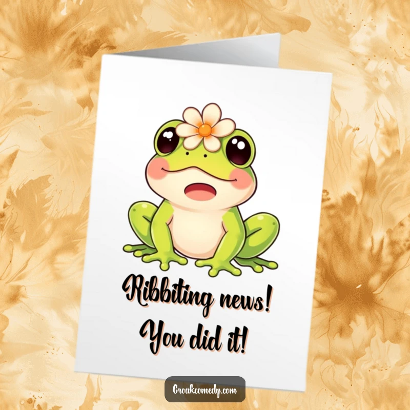 Funny Free Printable Congratulations Card: A delighted frog wearing a flower on its head lets out a cheerful croak of celebration.