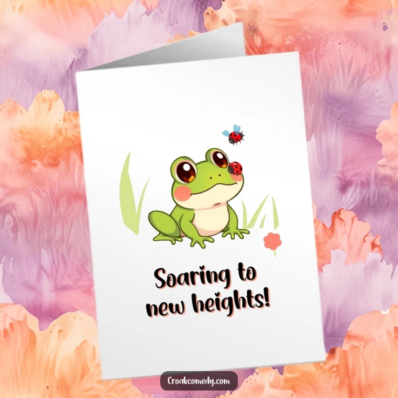 Funny Free Printable Congrats Card: Wide-eyed frog observes a ladybug taking flight, symbolizing new beginnings.