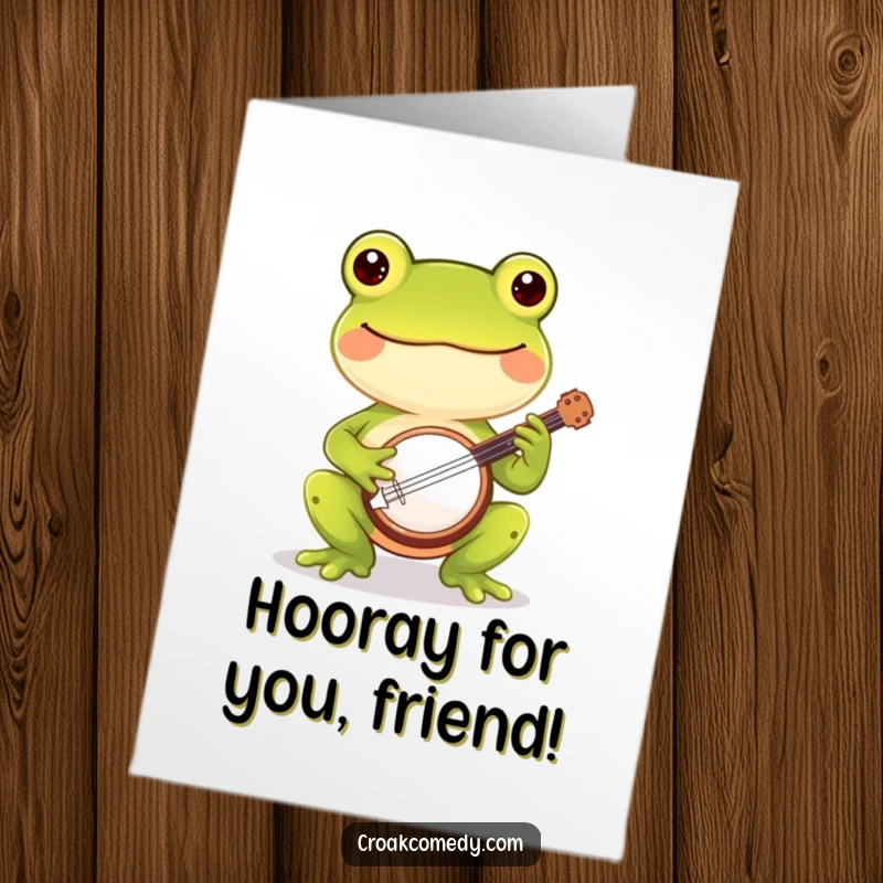 Funny Free Printable Congratulations Card: Cheerful frog strumming a tiny banjo, celebrating your win.