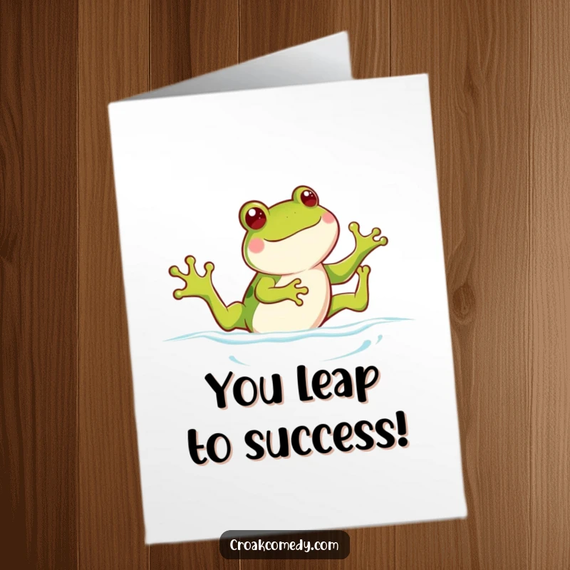 Funny Free Printable Congratulations Card showing a gleeful frog kicking legs while swimming, celebrating success.