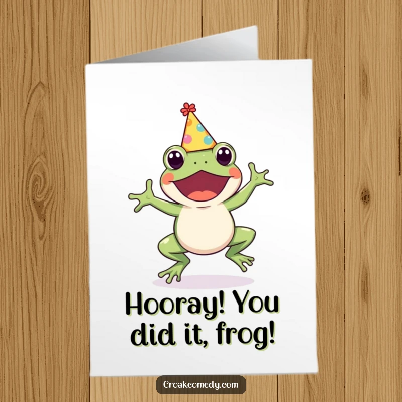 Funny Free Printable Congratulations Card: A cute frog with a party hat hops with excitement, perfect for a downloadable celebratory gift.