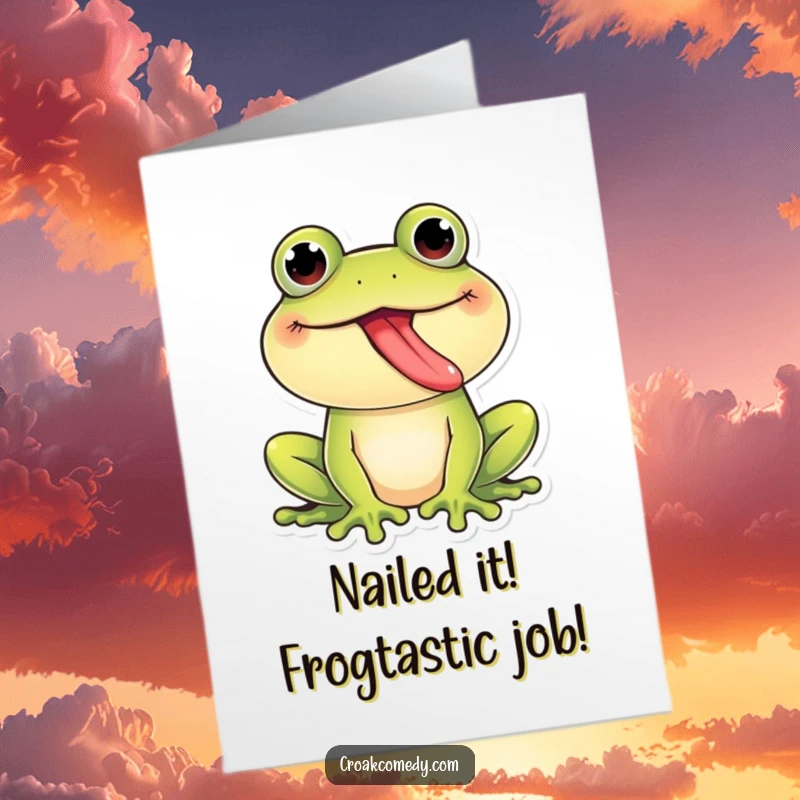 Funny Free Printable Congratulations Card: A giggling frog playfully sticks its tongue out, ideal for a downloadable celebratory gift.