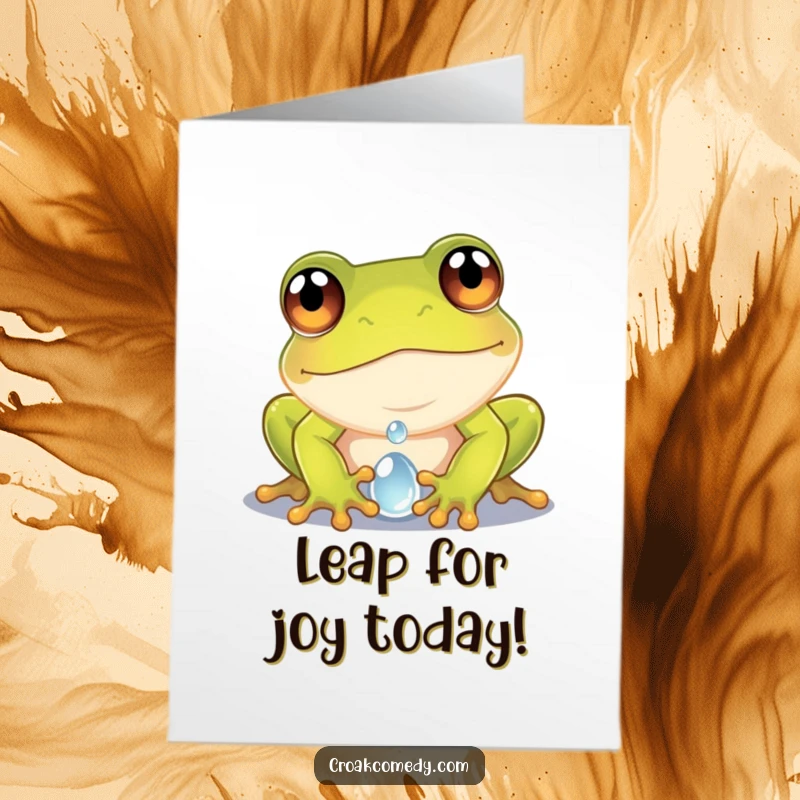 Funny Free Printable Congratulations Card: A curious frog discovering a tiny world within a dewdroplet, celebrating success.