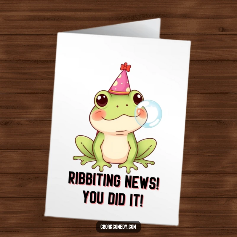 Funny free printable congratulations card: a frog wearing a party hat, blowing a bubble, celebrating a big win.