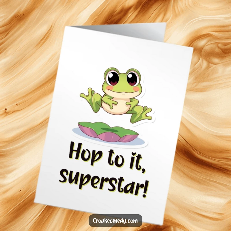 Free Printable Congratulations Card featuring an excited frog with large eyes soaring over a lily pad in celebration.
