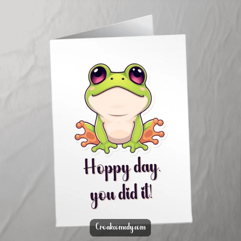 Free Printable Congratulations Card showing a frog with wide eyes, looking upwards in utter surprise.