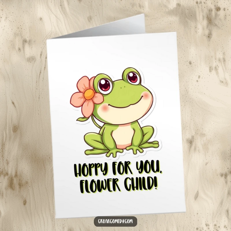 Free Printable Congratulations Card featuring a very happy frog with a flower tucked behind its ear, celebrating success.
