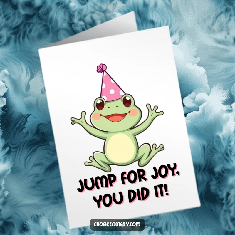 Funny Free Printable Congrats Card: A frog in a tiny party hat jumps with excitement to celebrate.