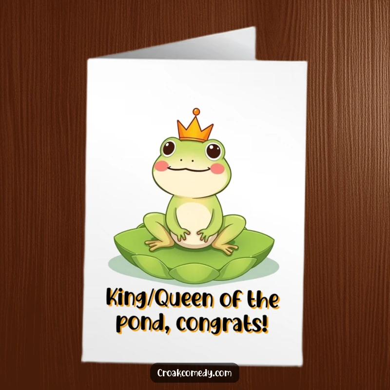Funny Free Printable Congratulations Card: A cheerful frog wearing a crown rides a lily pad, a downloadable gift for a grand occasion.