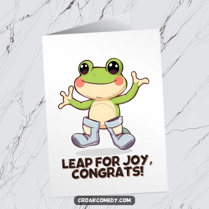 Funny Free Printable Congratulations Card: A joyful frog wearing oversized boots, hopping with glee to celebrate a big win.