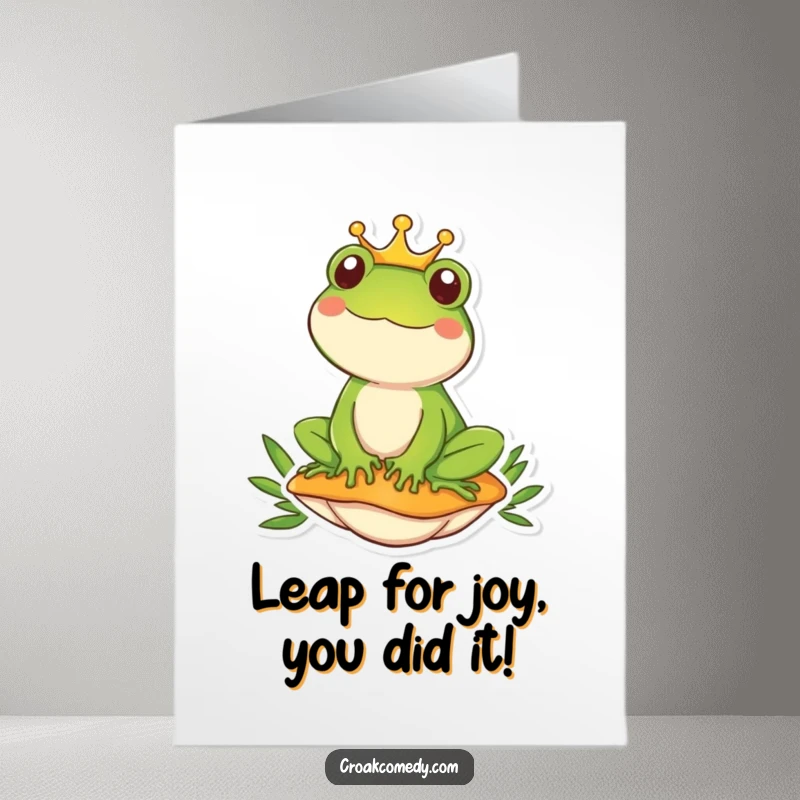 Funny Free Printable Congratulations Card: A distinguished frog king in a crown sits triumphantly on a mushroom.