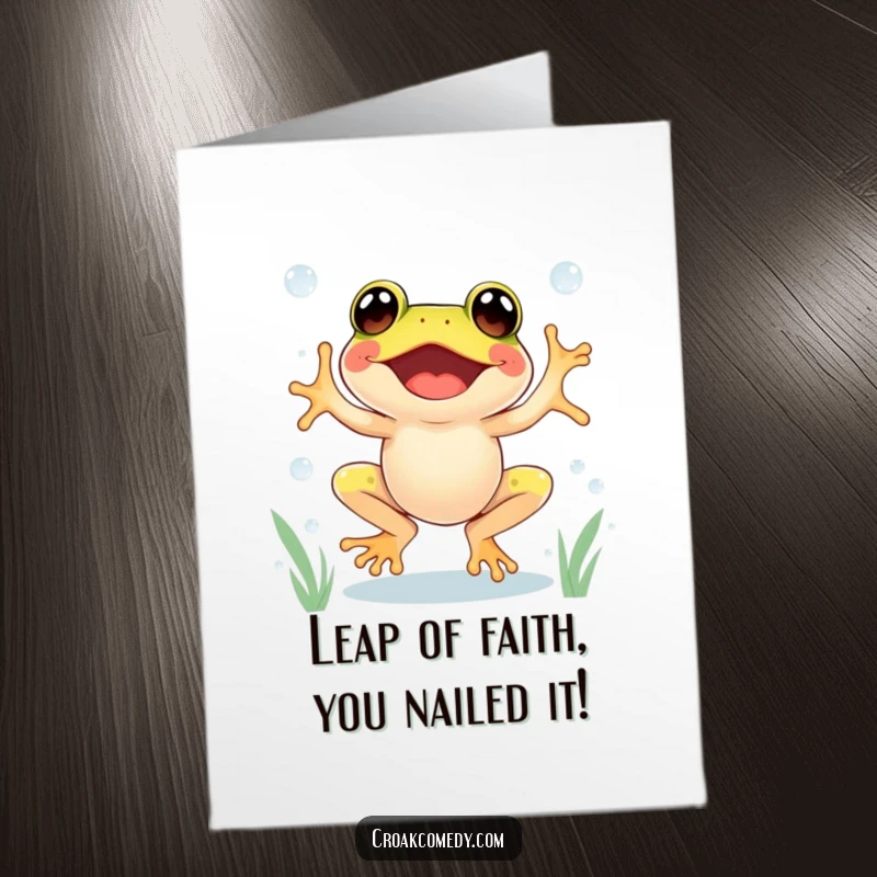 Funny free printable congratulations card: an excited frog mid-leap between dewdrops, conveying energetic congratulations.