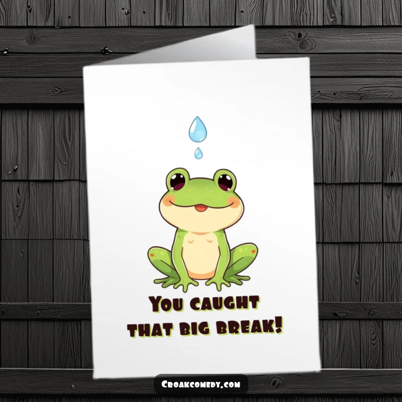 Funny Free Printable Congrats Card: A cheerful frog happily catches a falling raindrop, celebrating success.