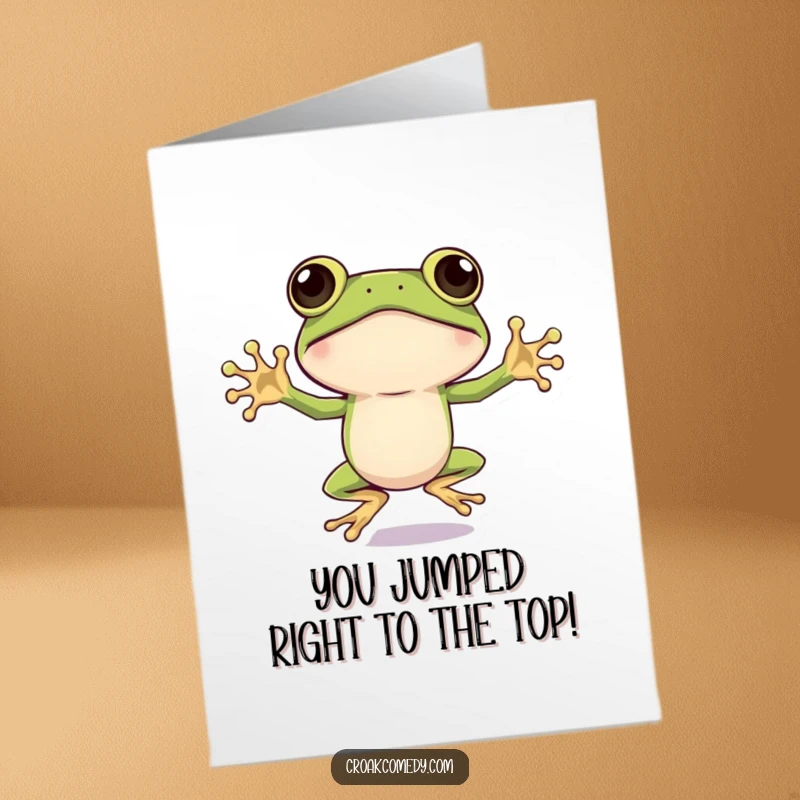 Funny Free Printable Congratulations Card: A frog with wide eyes performs a jumping jack, a downloadable gift for an energetic success.