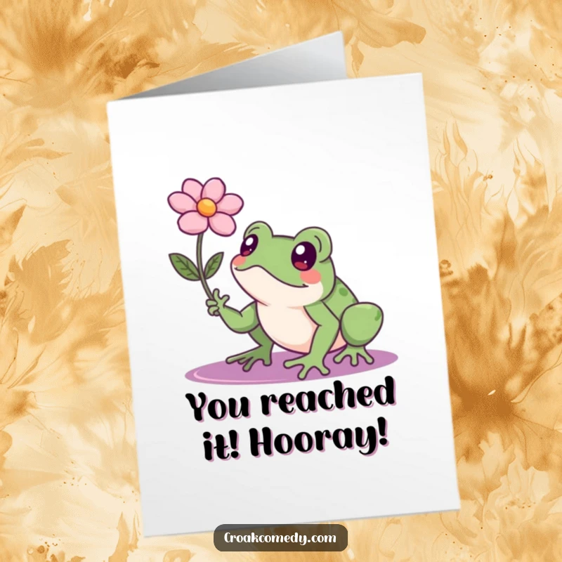 Funny Free Printable Congrats Card: A focused frog with a determined expression tries to get a flower.