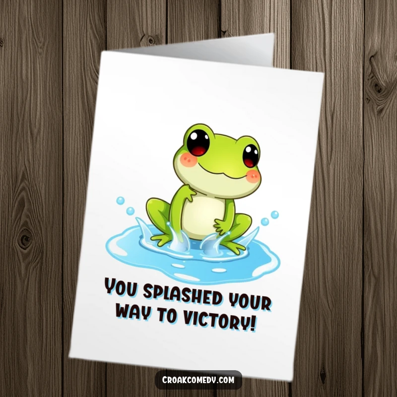 Funny Free Printable Congratulations Card: Playful frog mid-splash in a blue puddle, cheering on achievements.