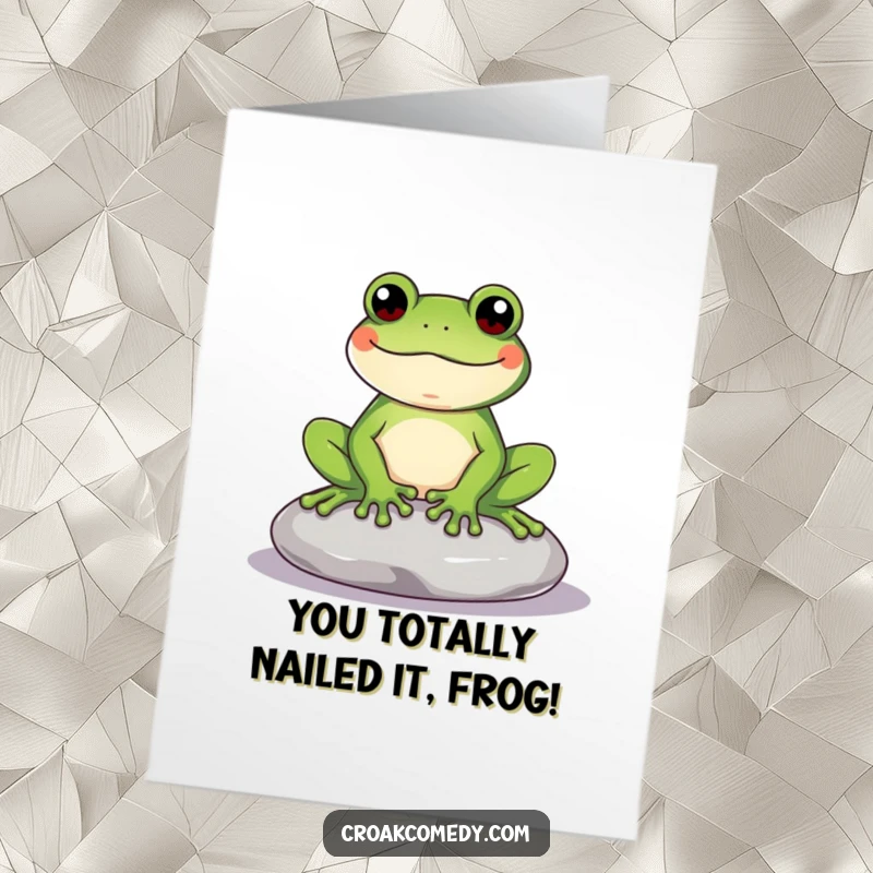 Funny Free Printable Congratulations Card: A content frog offers quiet, humorous approval while relaxing on a smooth stone.