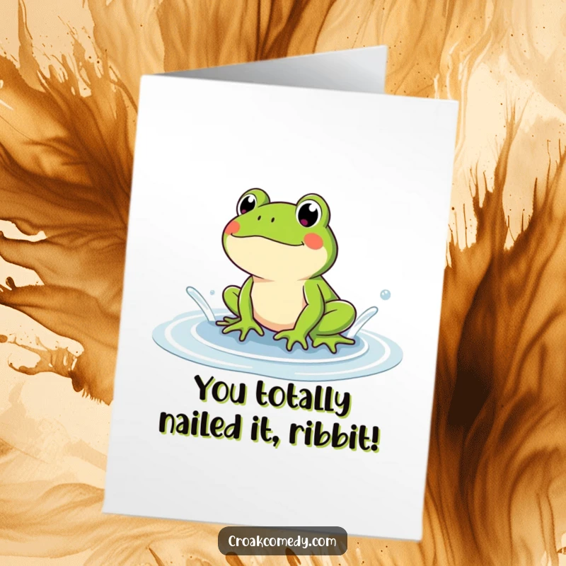 Funny Free Printable Congratulations Card showing a jubilant frog making a big splash, celebrating success. A delightful downloadable.