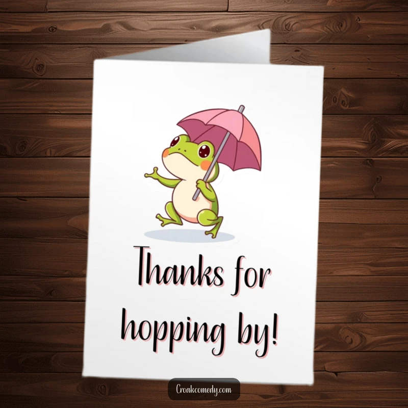 Funny Free Printable Thank You Card with a hopping frog under an umbrella, conveying heartfelt thanks with a playful touch.