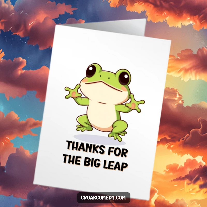 Funny Free Printable Thank You Card: A frog winks enthusiastically, preparing for a humorous jump to express thanks.
