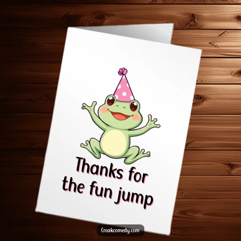 Funny Free Printable Thank You Card: A frog wearing a small party hat leaps joyfully to express thanks.