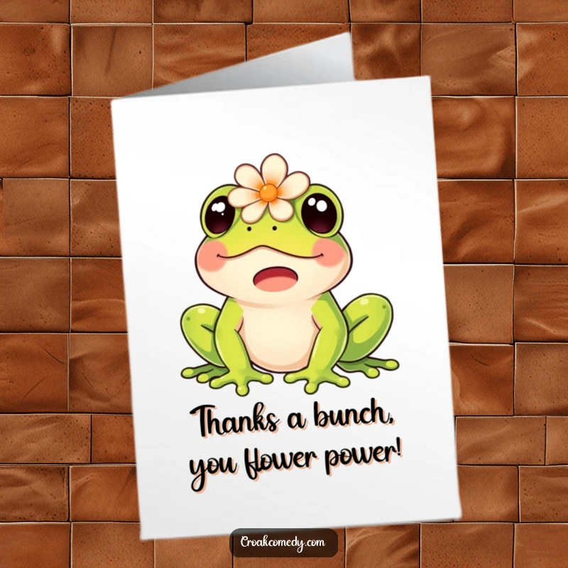 Funny Free Printable Thank You Card: A happy frog with a pretty flower on its head is pictured croaking contentedly.
