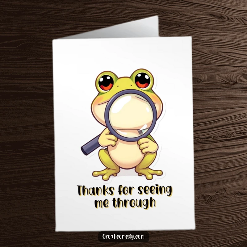 Funny Free Printable Thank You Card: A curious frog uses a magnifying glass to examine something, showing appreciation for details.