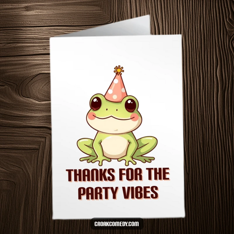 Funny Free Printable Thank You Card: A happy frog wearing a diminutive party hat, conveying thanks with a wide smile.